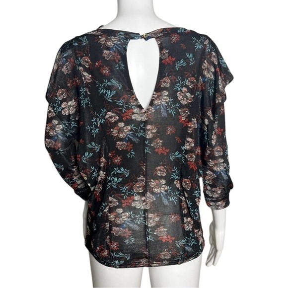 Free People Shirt Womens XS‎ Black Floral Dock Street Blouse Ruffle Boho Peasant - Picture 3 of 8